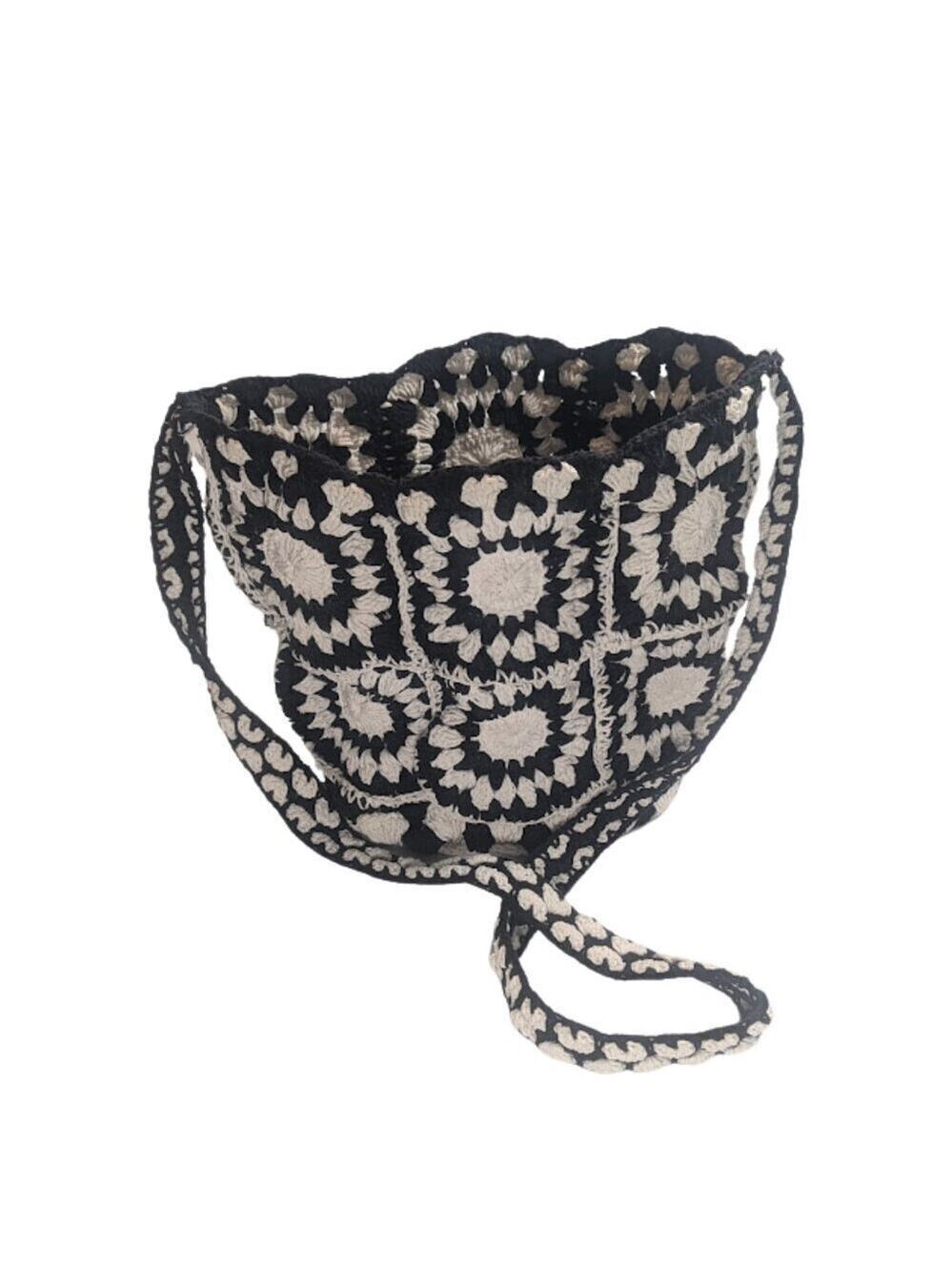 Handmade Black & White Crochet Shoulder Bag Boho Festival Bucket Tote - Picture 4 of 5